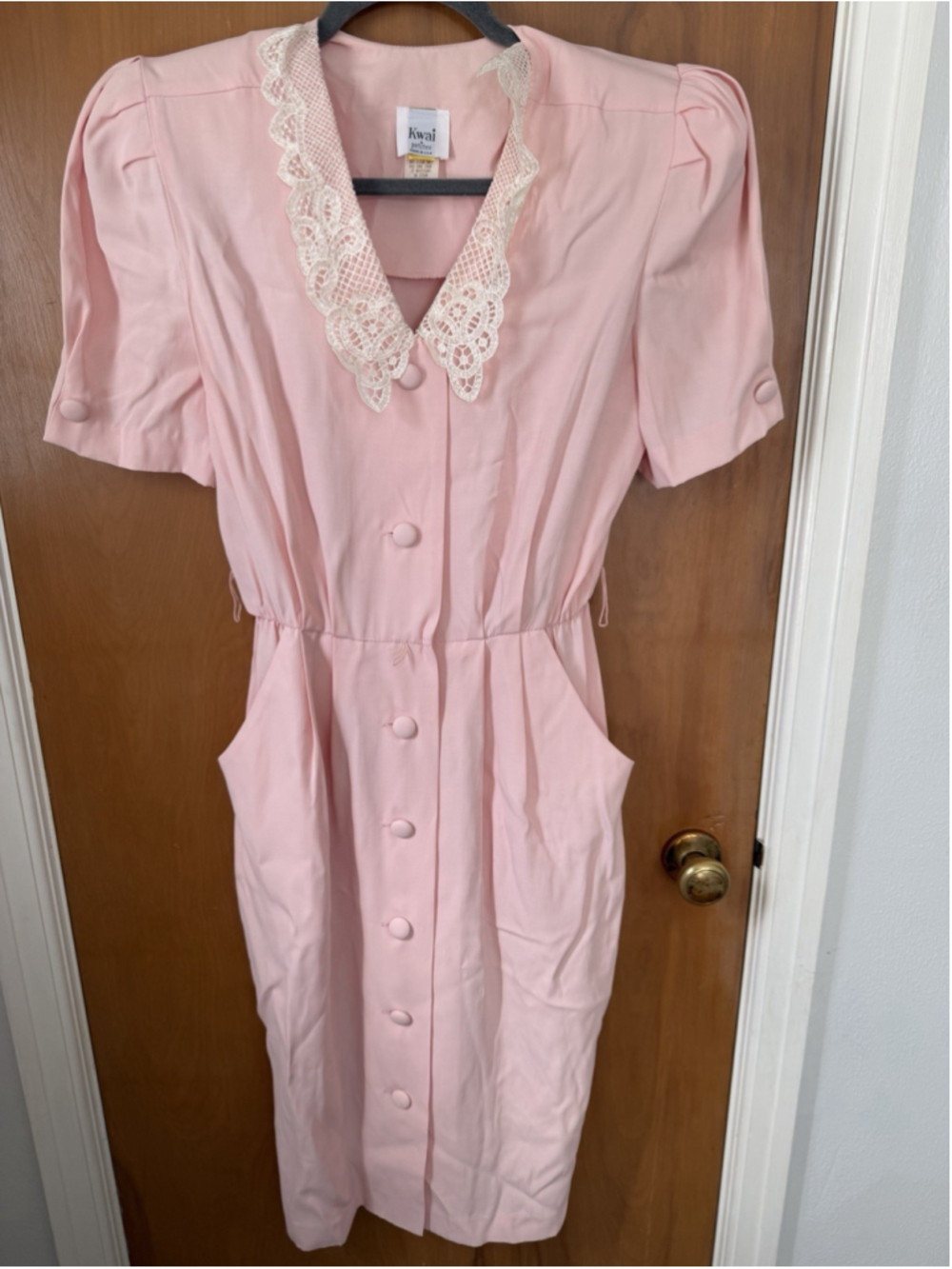 Vintage Pink Midi Dress Lace Collar Button Front Cottagecore Womens 6 USA Maid
